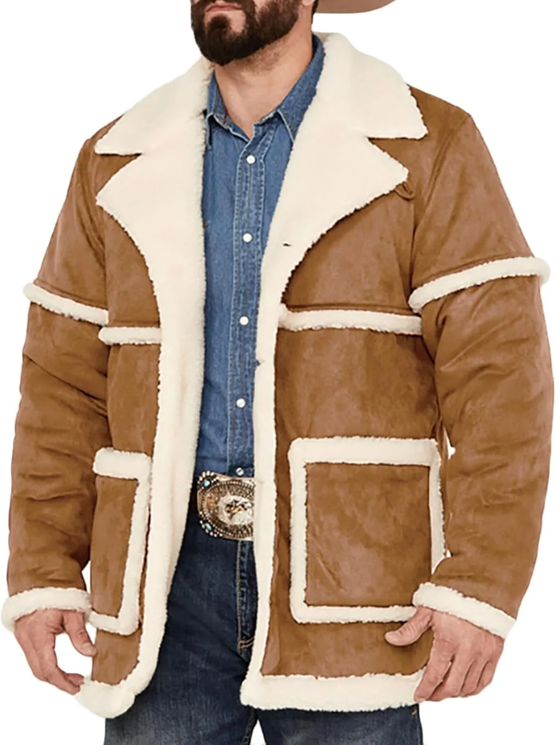 Finelylove Mens Faux Suede Winter Coats Warm Sherpa Fleece Lined Jacket Button Down Lapel Winter Coat with Pockets