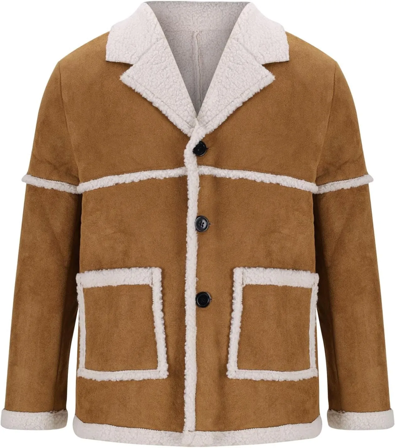 Finelylove Mens Faux Suede Winter Coats Warm Sherpa Fleece Lined Jacket Button Down Lapel Winter Coat with Pockets
