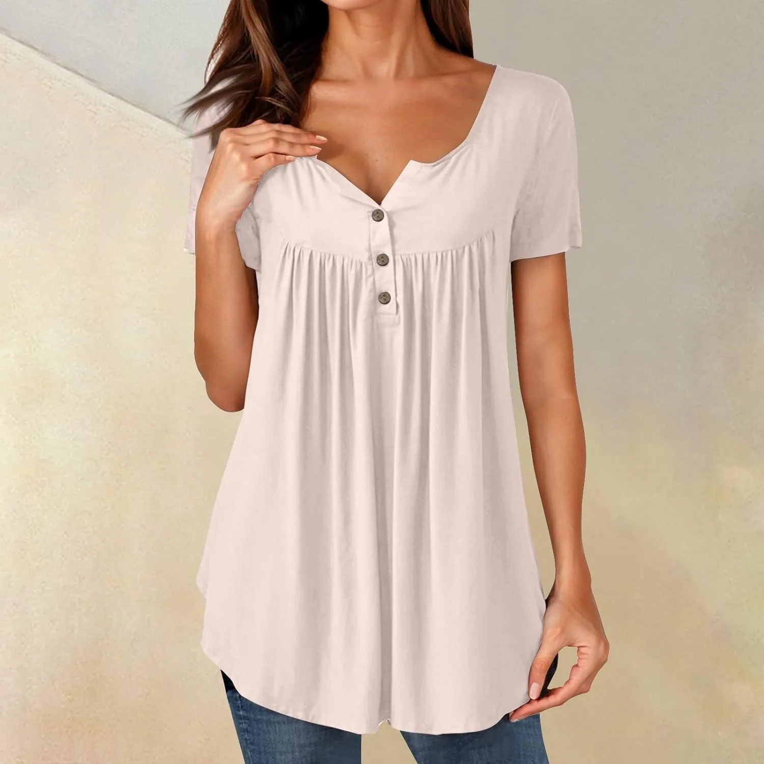 FQZWONG Summer Shirts for Women 2025 Plus Size Short Sleeve Tunic Tops Loose Casual Ladies Crew Neck Button Down Blouses