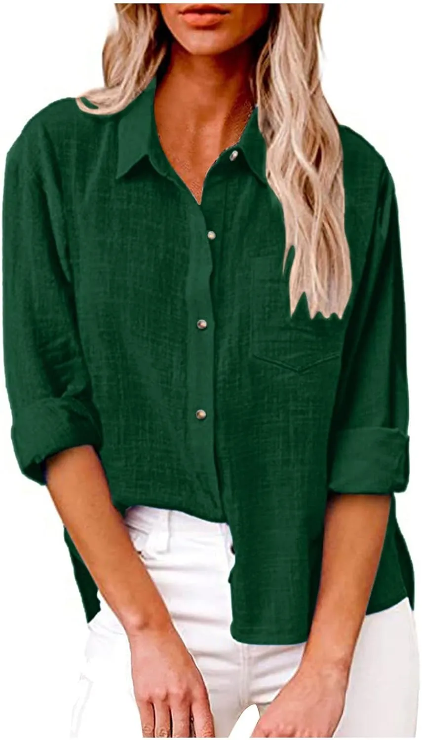 FQZWONG Womens Spring Tops 2025 Button Down Shirts for Women Loose Casual Solid Cotton Linen Tshirts Trendy Ladies Blouses
