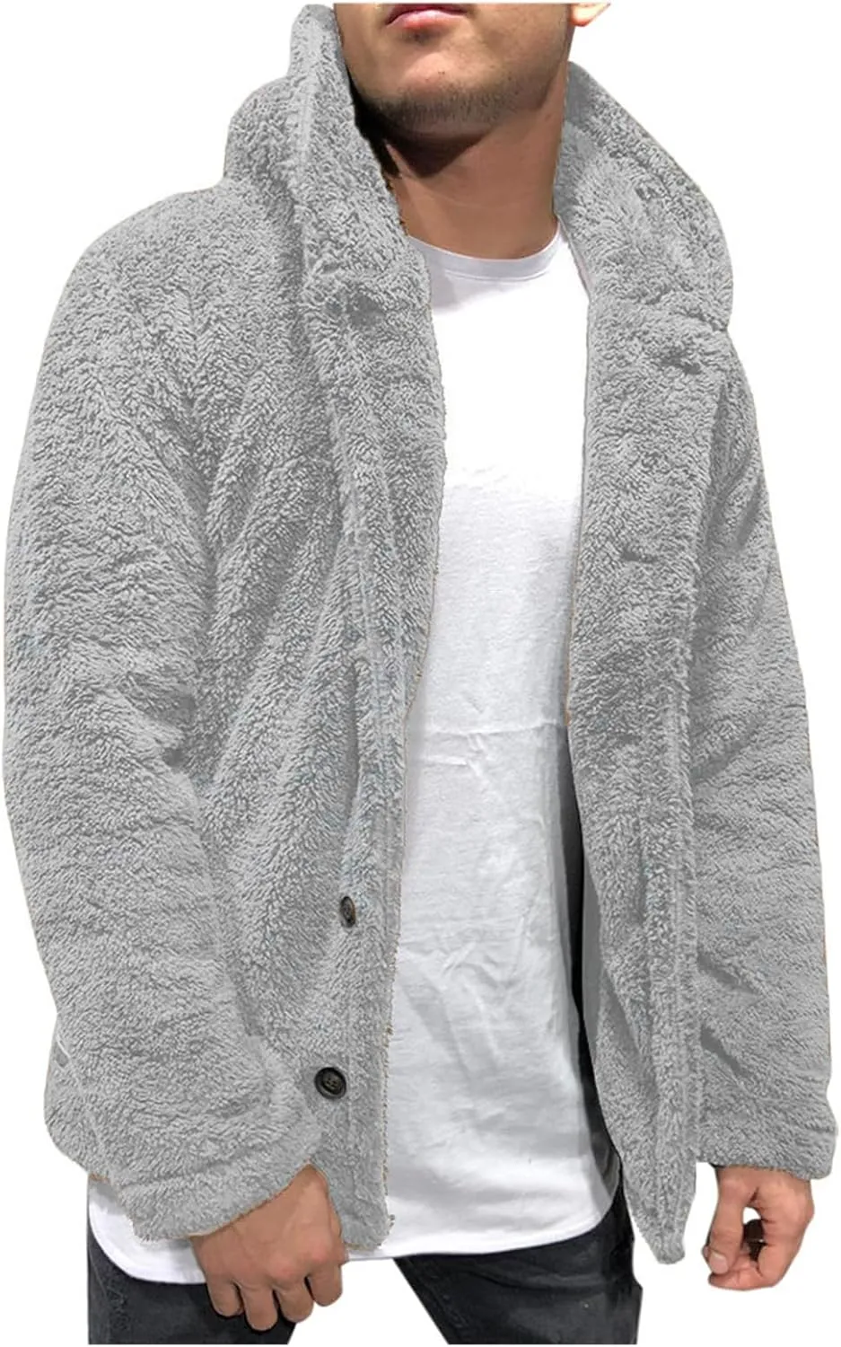 Fuzzy Sherpa Jacket Men Fluffy Fleece Open Front Hoodie Cardigan Button Down House Coat Winter Warm Plush Outerwear