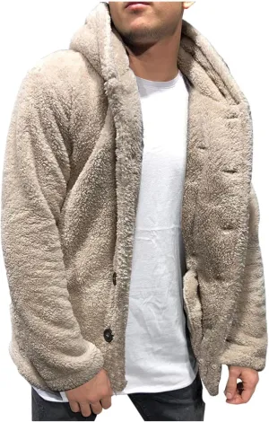 Fuzzy Sherpa Jacket Men Fluffy Fleece Open Front Hoodie Cardigan Button Down House Coat Winter Warm Plush Outerwear