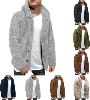 Fuzzy Sherpa Jacket Men Fluffy Fleece Open Front Hoodie Cardigan Button Down House Coat Winter Warm Plush Outerwear