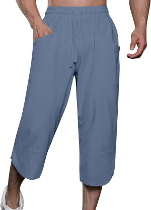 GOKKILRW Mens Pants Mens Linen Pants Casual Lightweight Beach Chino Pants Cropped Summer Capri Pants Drawstring Elastic Waist