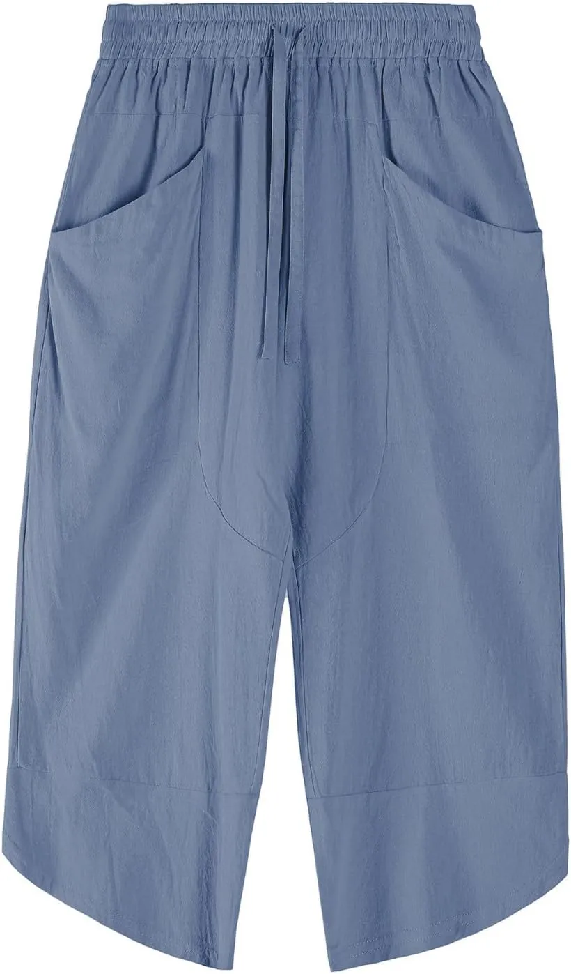 GOKKILRW Mens Pants Mens Linen Pants Casual Lightweight Beach Chino Pants Cropped Summer Capri Pants Drawstring Elastic Waist