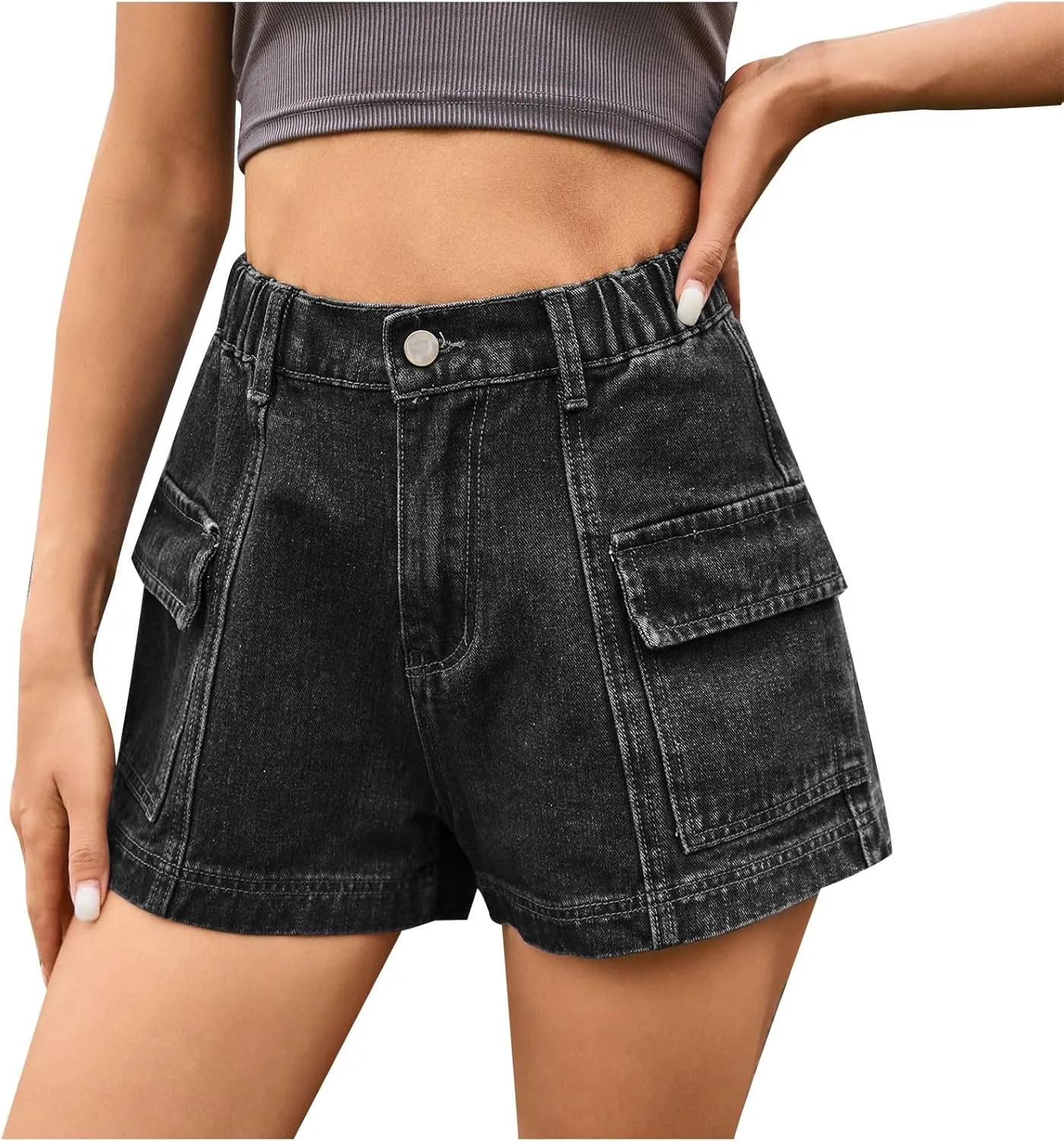 High-Stretch Women's Cargo Jean Shorts, Trendy High-Waisted Distressed Denim Shorts with Pockets Y2K Mini Denim Shorts