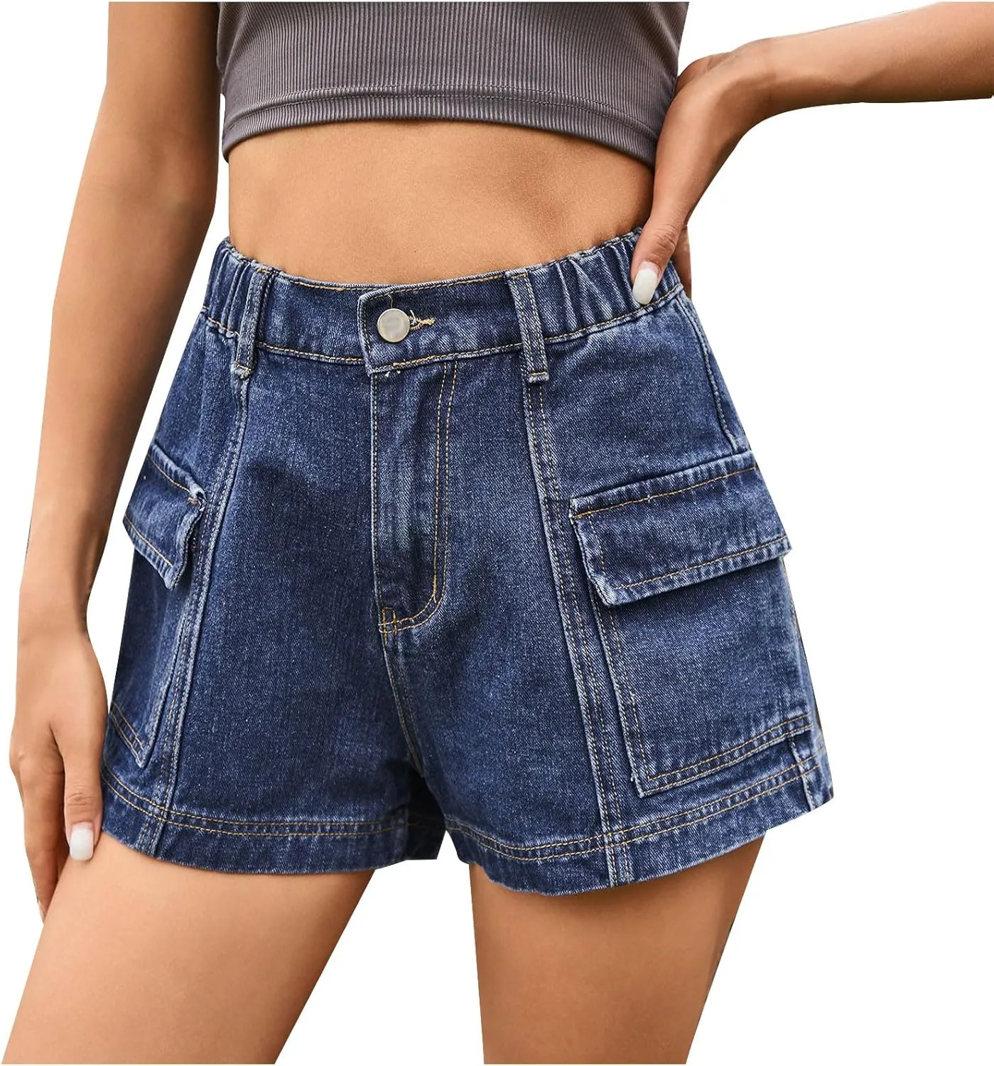 High-Stretch Women's Cargo Jean Shorts, Trendy High-Waisted Distressed Denim Shorts with Pockets Y2K Mini Denim Shorts