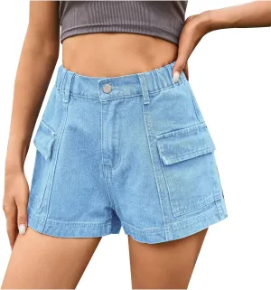 High-Stretch Women's Cargo Jean Shorts, Trendy High-Waisted Distressed Denim Shorts with Pockets Y2K Mini Denim Shorts