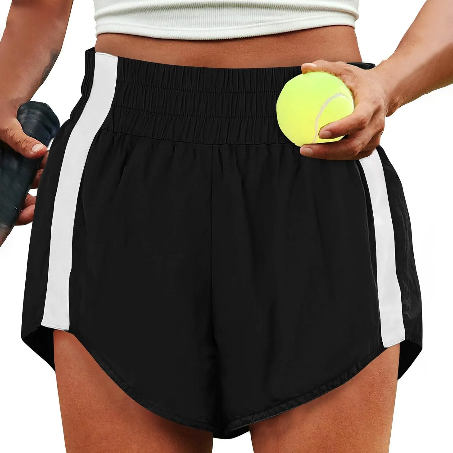 High Waisted Athletic Running Quick Dry Sports Shorts Lightweight Elastic Waist Tennis Shorts Side Stripes