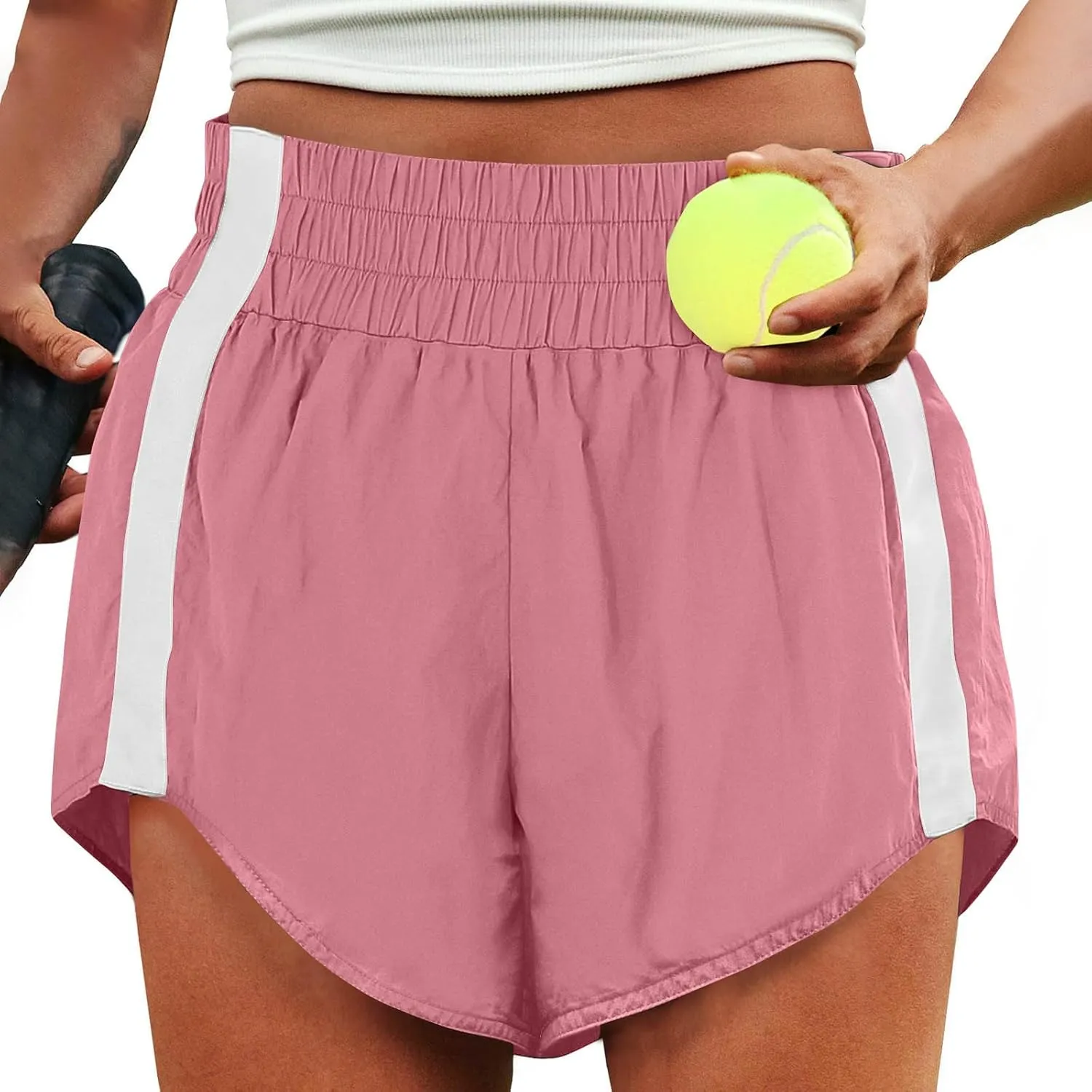 High Waisted Athletic Running Quick Dry Sports Shorts Lightweight Elastic Waist Tennis Shorts Side Stripes