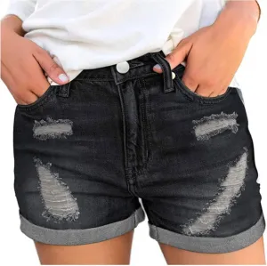 High Waisted Stretchy Buttoned Women Denim Shorts Ripped Denim Shorts Skinny Destroyed Jeans with Pockets