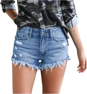High Waisted Stretchy Buttoned Women Denim Shorts Ripped Denim Shorts Skinny Destroyed Jeans with Pockets