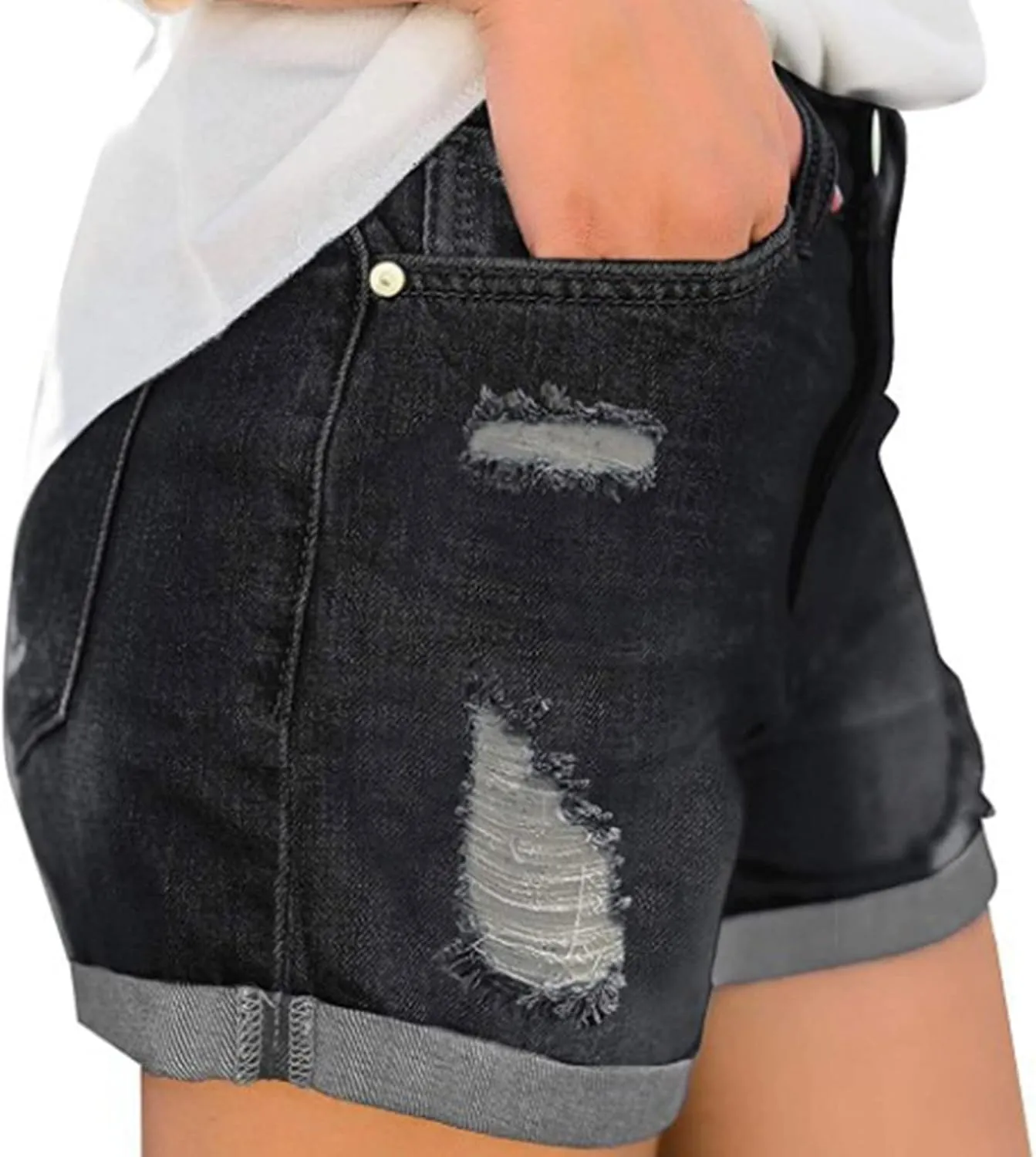 High Waisted Stretchy Buttoned Women Denim Shorts Ripped Denim Shorts Skinny Destroyed Jeans with Pockets