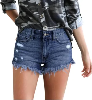 High Waisted Stretchy Buttoned Women Denim Shorts Ripped Denim Shorts Skinny Destroyed Jeans with Pockets