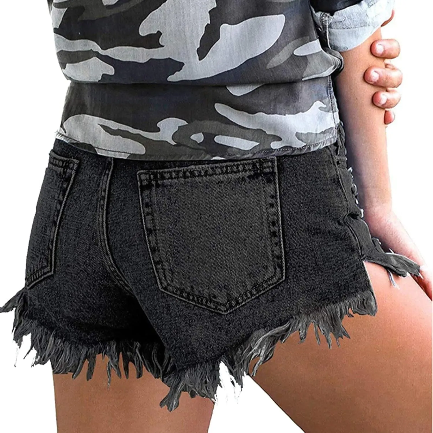 High Waisted Stretchy Buttoned Women Denim Shorts Ripped Denim Shorts Skinny Destroyed Jeans with Pockets