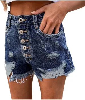 High Waisted Stretchy Buttoned Women Denim Shorts Ripped Denim Shorts Skinny Destroyed Jeans with Pockets