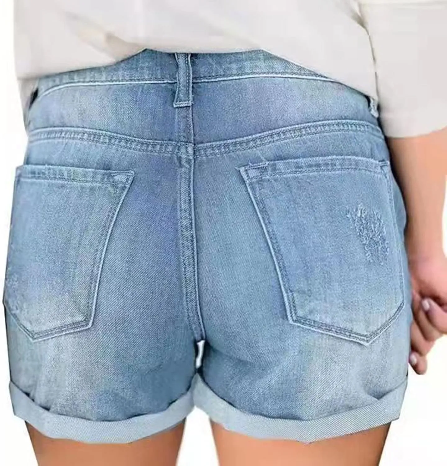 High Waisted Stretchy Buttoned Women Denim Shorts Ripped Denim Shorts Skinny Destroyed Jeans with Pockets