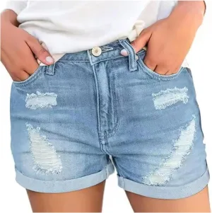 High Waisted Stretchy Buttoned Women Denim Shorts Ripped Denim Shorts Skinny Destroyed Jeans with Pockets