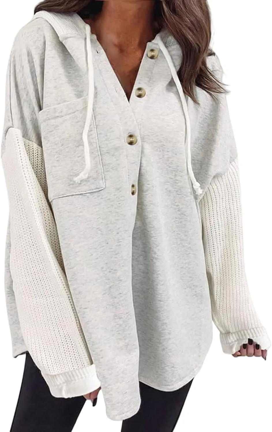 Hoodie for Women Chunky Knit Color Block Jacket Button Down Long Sleeve Shacket Jackets Oversized Boyfriend Shirts