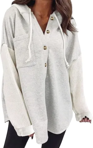 Hoodie for Women Chunky Knit Color Block Jacket Button Down Long Sleeve Shacket Jackets Oversized Boyfriend Shirts