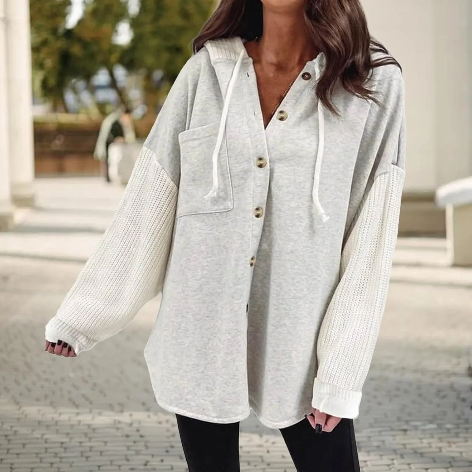 Hoodie for Women Chunky Knit Color Block Jacket Button Down Long Sleeve Shacket Jackets Oversized Boyfriend Shirts