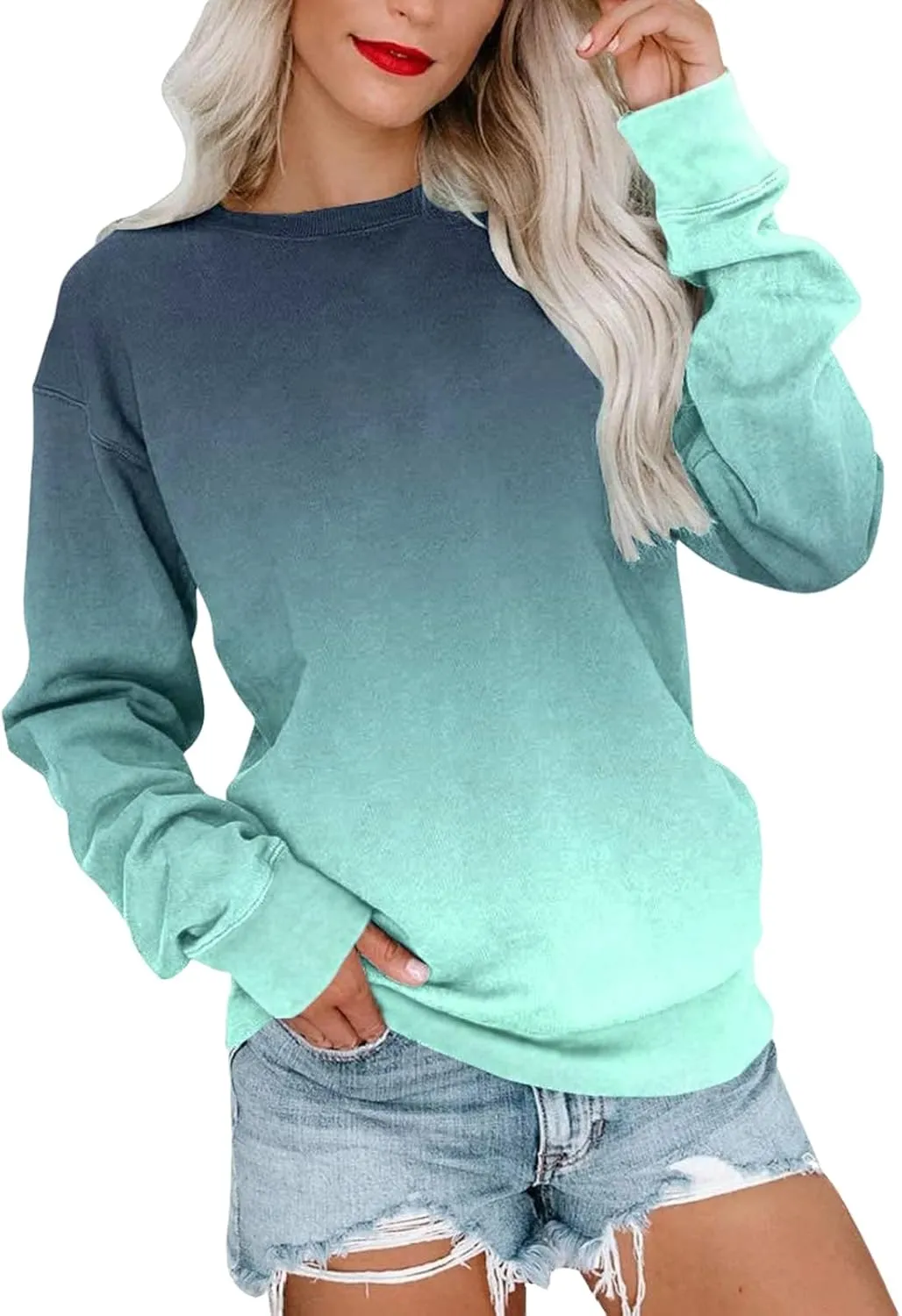 Hoodies for Women Pullover Casual Long Sleeve Sweatshirt Crewneck Cute Classic Relaxed Fit Solid Gradient Tunic Tops