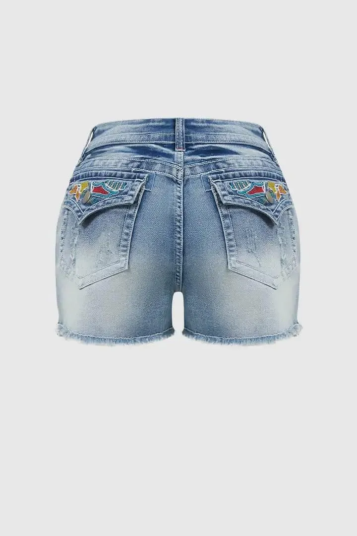 Huang's Women's Distressed Frayed Hem Washed Denim Shorts