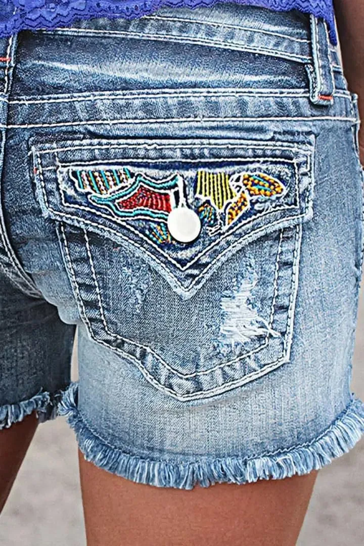 Huang's Women's Distressed Frayed Hem Washed Denim Shorts