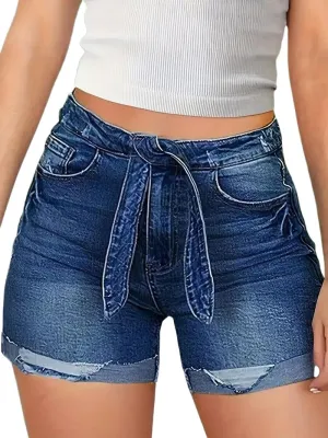 Huang's Women's Distressed Frayed Hem Washed Denim Shorts