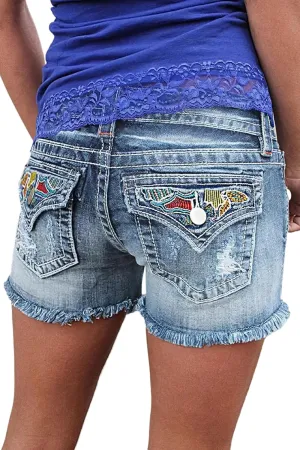 Huang's Women's Distressed Frayed Hem Washed Denim Shorts