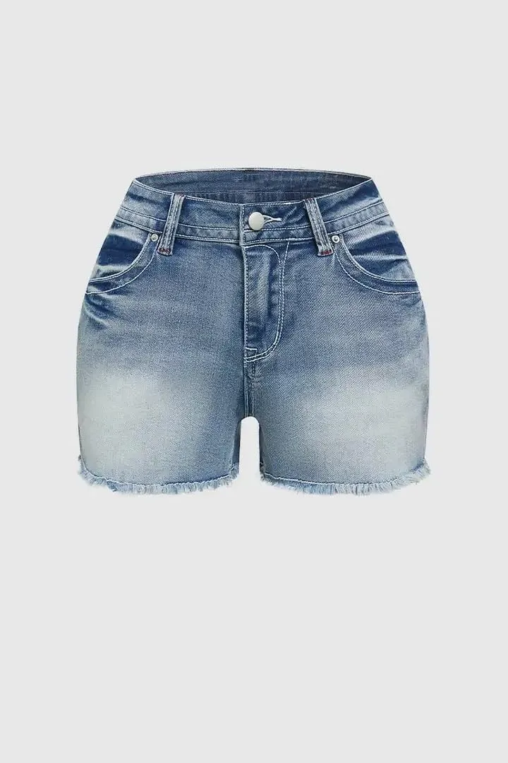 Huang's Women's Distressed Frayed Hem Washed Denim Shorts