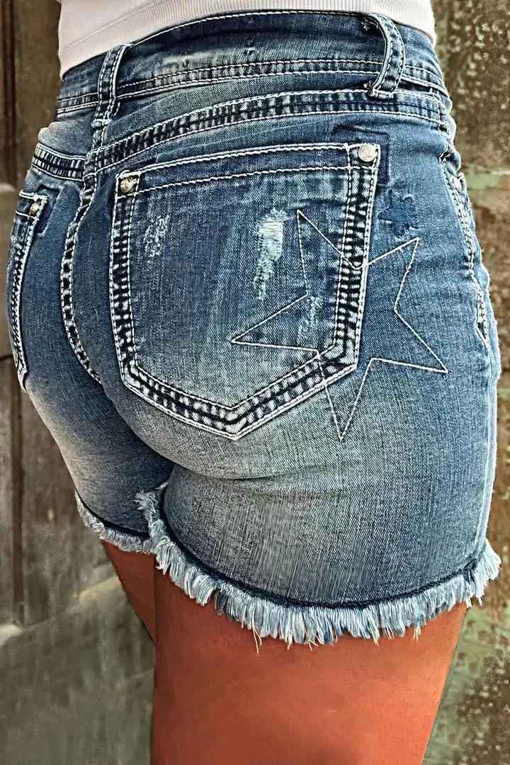 Huang's Women's Distressed Frayed Hem Washed Denim Shorts