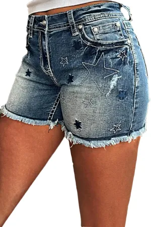 Huang's Women's Distressed Frayed Hem Washed Denim Shorts