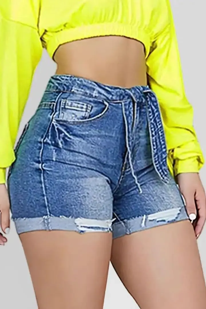 Huang's Women's Distressed Frayed Hem Washed Denim Shorts