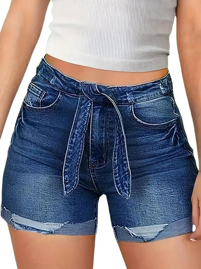 Huang's Women's Distressed Frayed Hem Washed Denim Shorts