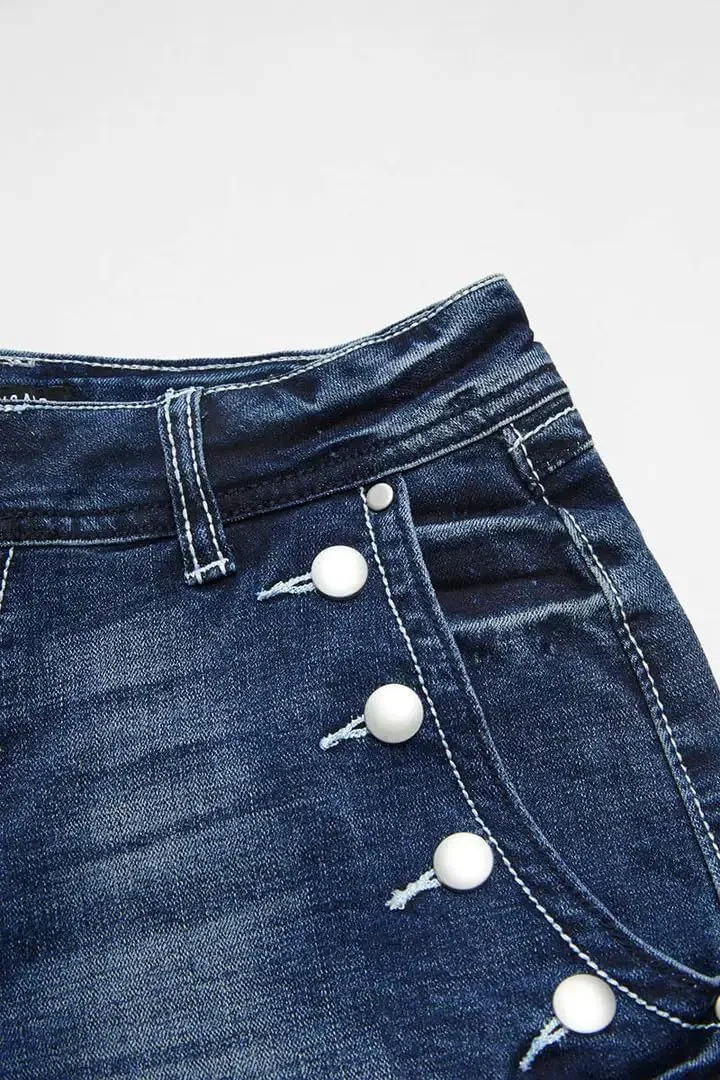 Huang's Women's Distressed Frayed Hem Washed Denim Shorts
