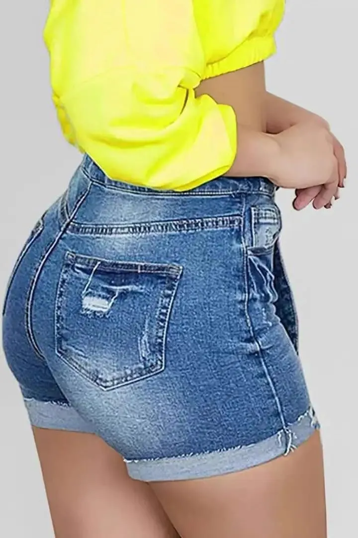 Huang's Women's Distressed Frayed Hem Washed Denim Shorts