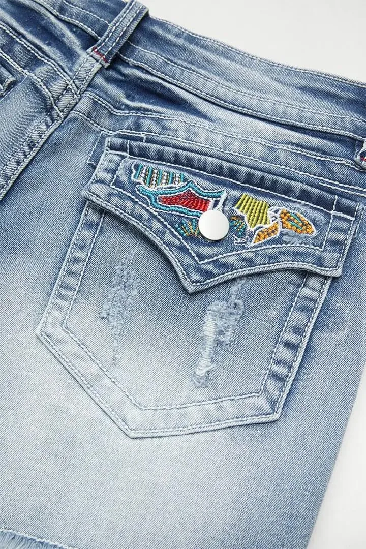 Huang's Women's Distressed Frayed Hem Washed Denim Shorts