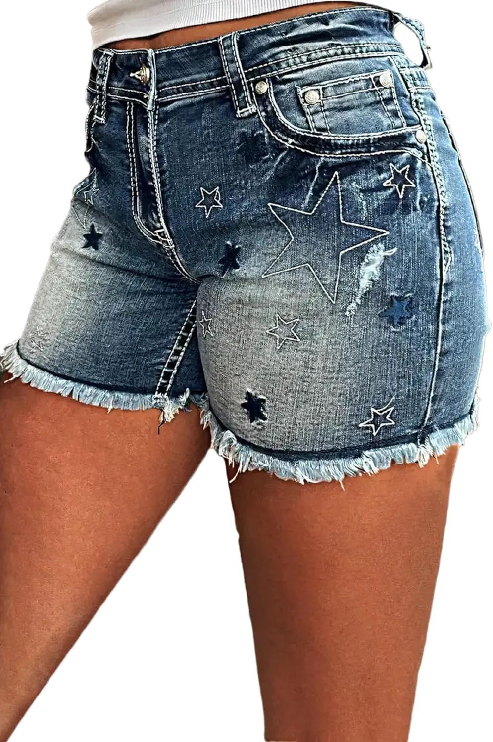 Huang's Women's Distressed Frayed Hem Washed Denim Shorts