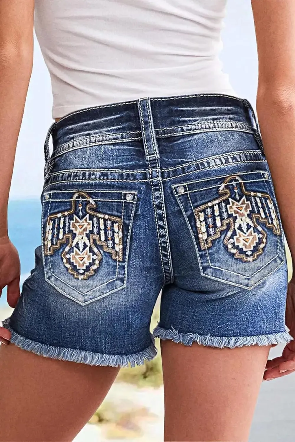 Huang's Women's Distressed Frayed Hem Washed Denim Shorts