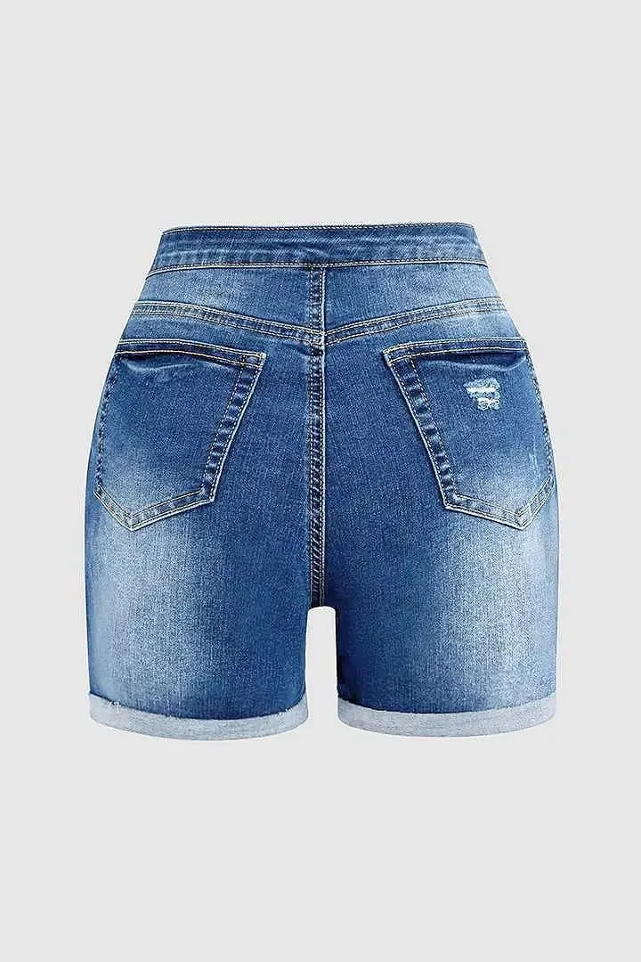 Huang's Women's Distressed Frayed Hem Washed Denim Shorts