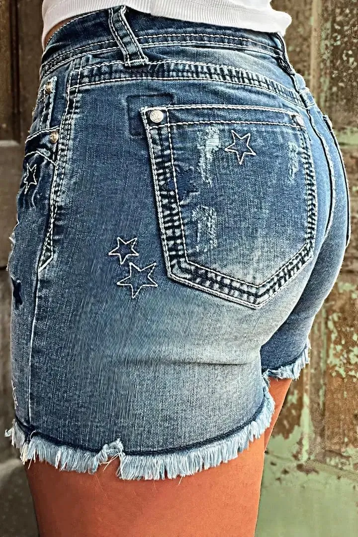 Huang's Women's Distressed Frayed Hem Washed Denim Shorts