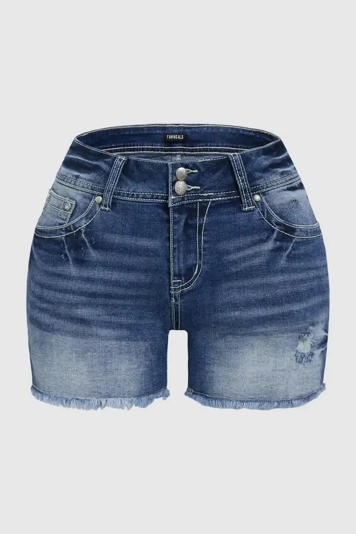 Huang's Women's Distressed Frayed Hem Washed Denim Shorts