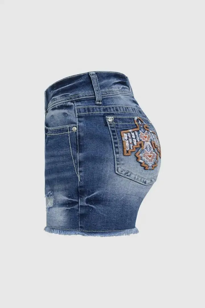 Huang's Women's Distressed Frayed Hem Washed Denim Shorts