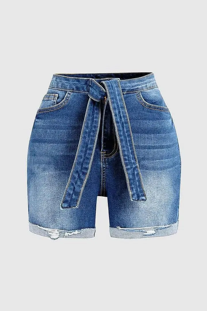 Huang's Women's Distressed Frayed Hem Washed Denim Shorts