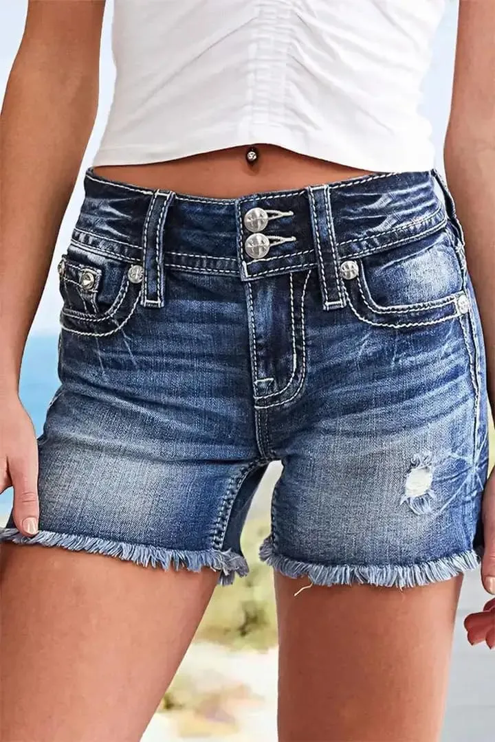 Huang's Women's Distressed Frayed Hem Washed Denim Shorts