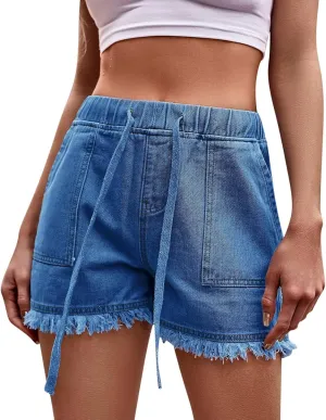 Jean Shorts for Women Trendy High Waisted Drawstring Frayed Raw Hem Denim Shorts Stretchy Loose Fit Summer Hot Short