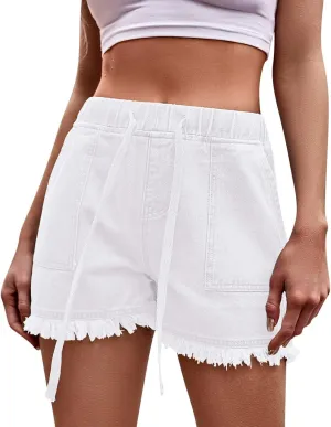 Jean Shorts for Women Trendy High Waisted Drawstring Frayed Raw Hem Denim Shorts Stretchy Loose Fit Summer Hot Short
