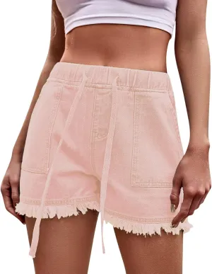 Jean Shorts for Women Trendy High Waisted Drawstring Frayed Raw Hem Denim Shorts Stretchy Loose Fit Summer Hot Short