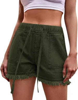 Jean Shorts for Women Trendy High Waisted Drawstring Frayed Raw Hem Denim Shorts Stretchy Loose Fit Summer Hot Short